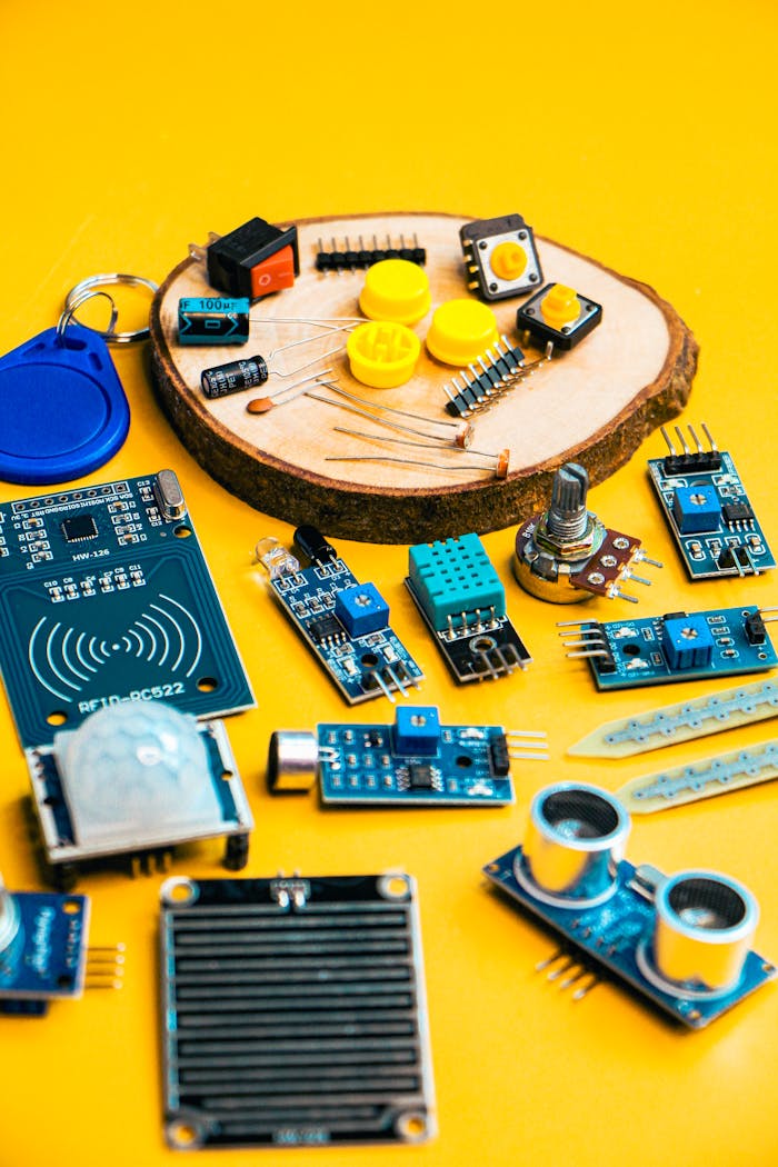 A variety of electronic components arranged artfully on a bright yellow backdrop.