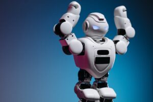 A white humanoid robot in a studio setting showcasing advanced robotics and modern technology.